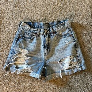 American Eagle Outfitters Women's Distressed Blue Denim Shorts - mom short